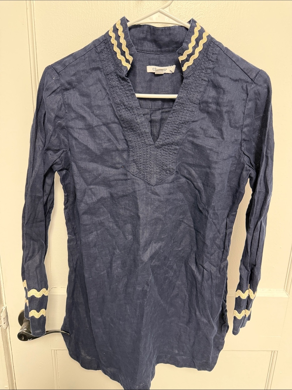 Chico's Navy Long-Sleeve Tunic with Cream Trim